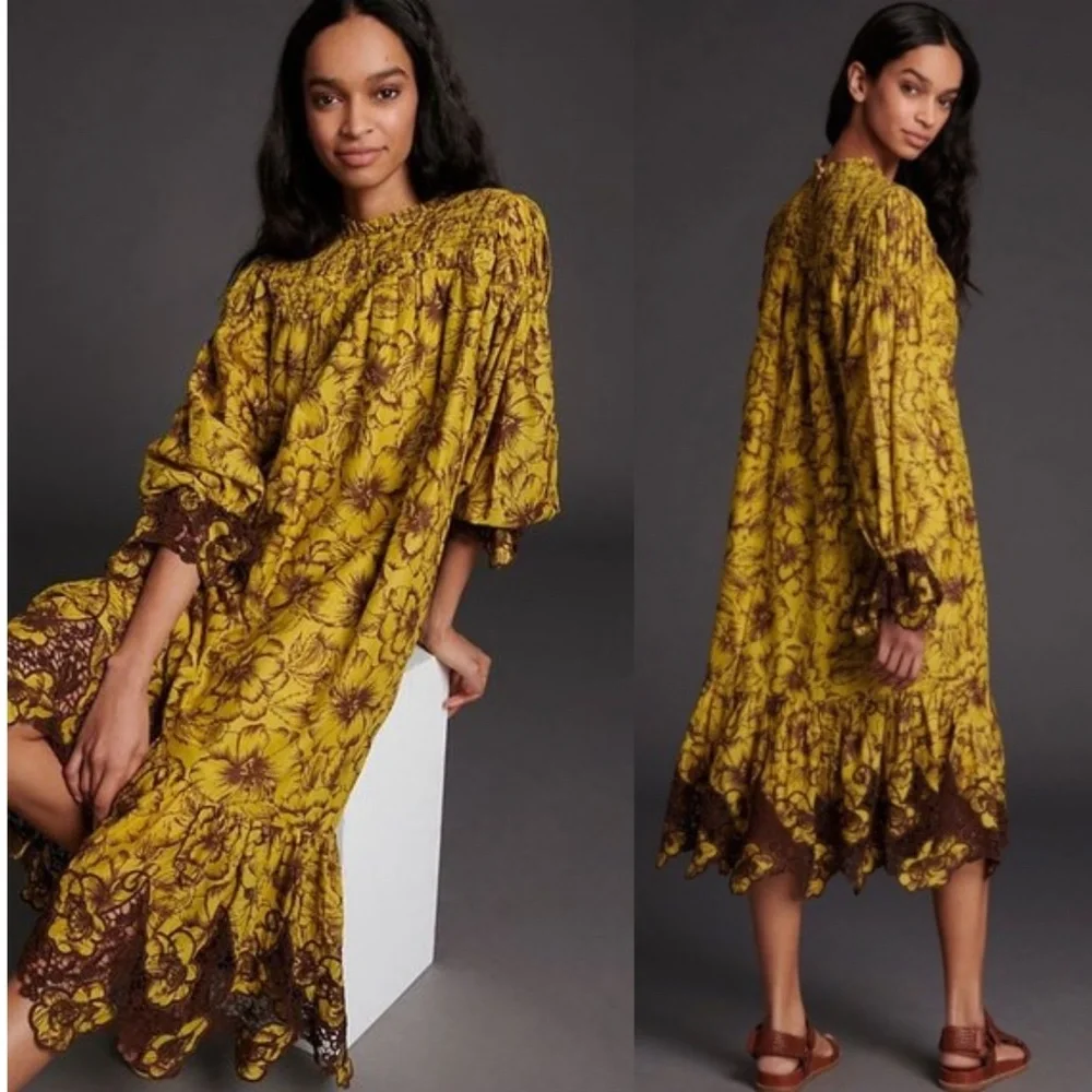 NWT Anthropologie Boho Crochet Maxi Dress Yellow S